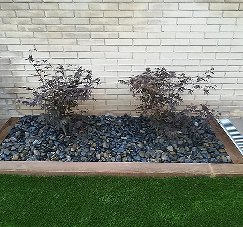 .Parterre amb arbustos i bolo decoratiu.